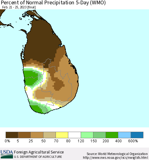 Sri Lanka Percent of Normal Precipitation 5-Day (WMO) Thematic Map For 2/21/2023 - 2/25/2023
