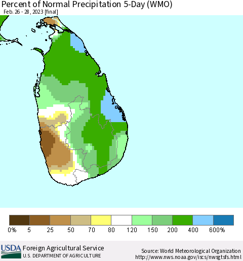 Sri Lanka Percent of Normal Precipitation 5-Day (WMO) Thematic Map For 2/26/2023 - 2/28/2023