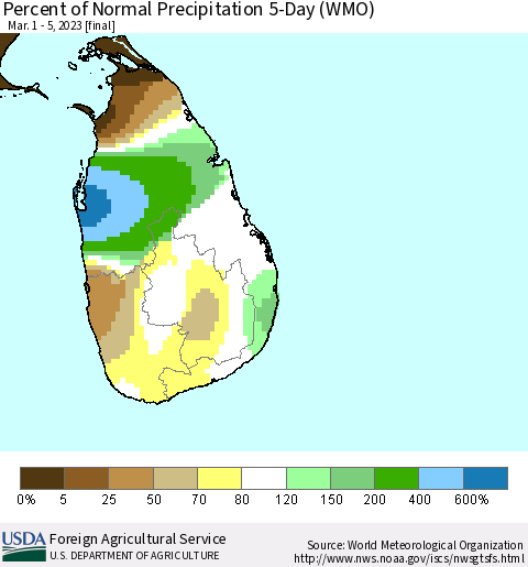 Sri Lanka Percent of Normal Precipitation 5-Day (WMO) Thematic Map For 3/1/2023 - 3/5/2023