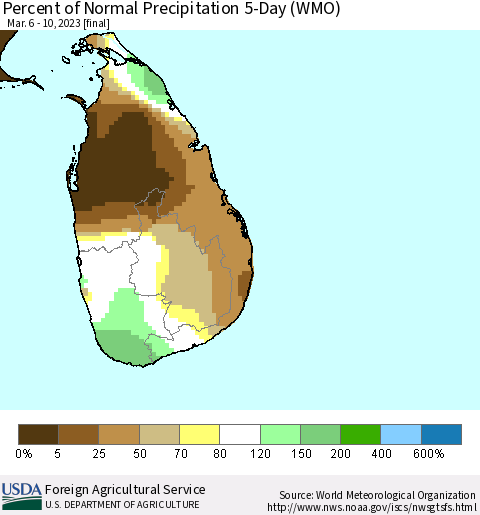 Sri Lanka Percent of Normal Precipitation 5-Day (WMO) Thematic Map For 3/6/2023 - 3/10/2023