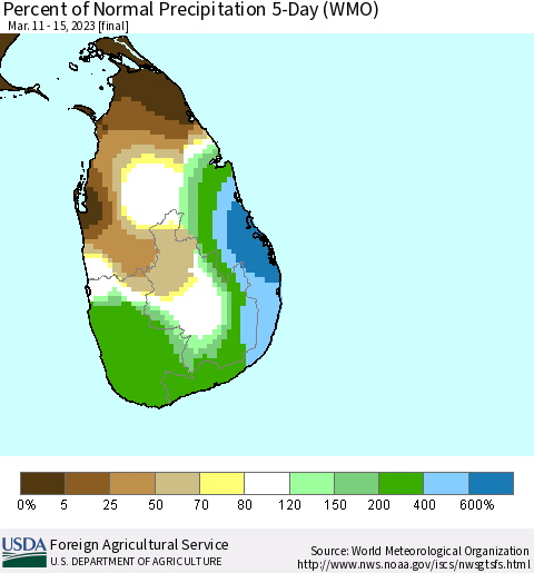 Sri Lanka Percent of Normal Precipitation 5-Day (WMO) Thematic Map For 3/11/2023 - 3/15/2023