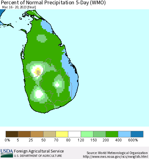 Sri Lanka Percent of Normal Precipitation 5-Day (WMO) Thematic Map For 3/16/2023 - 3/20/2023