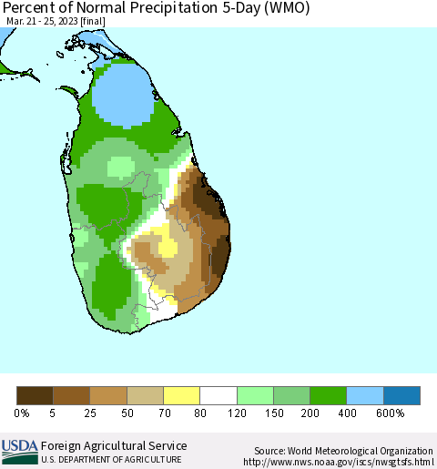 Sri Lanka Percent of Normal Precipitation 5-Day (WMO) Thematic Map For 3/21/2023 - 3/25/2023