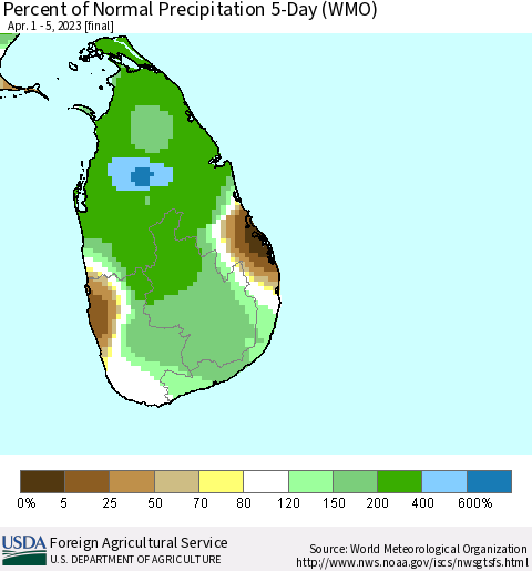 Sri Lanka Percent of Normal Precipitation 5-Day (WMO) Thematic Map For 4/1/2023 - 4/5/2023