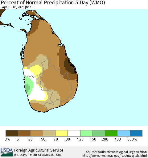 Sri Lanka Percent of Normal Precipitation 5-Day (WMO) Thematic Map For 4/6/2023 - 4/10/2023