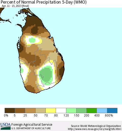 Sri Lanka Percent of Normal Precipitation 5-Day (WMO) Thematic Map For 4/11/2023 - 4/15/2023