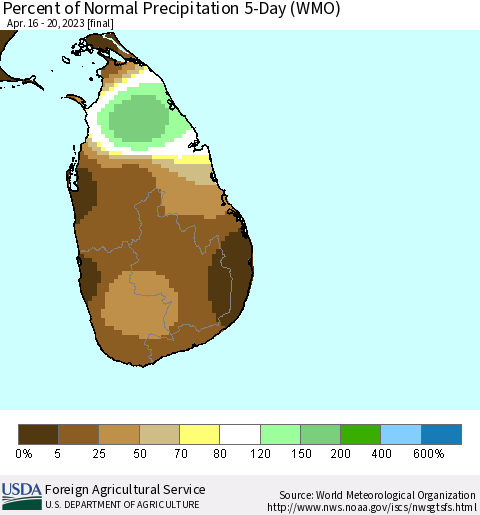 Sri Lanka Percent of Normal Precipitation 5-Day (WMO) Thematic Map For 4/16/2023 - 4/20/2023