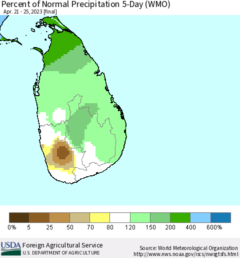 Sri Lanka Percent of Normal Precipitation 5-Day (WMO) Thematic Map For 4/21/2023 - 4/25/2023