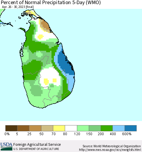 Sri Lanka Percent of Normal Precipitation 5-Day (WMO) Thematic Map For 4/26/2023 - 4/30/2023