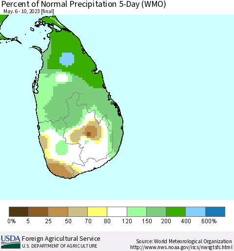 Sri Lanka Percent of Normal Precipitation 5-Day (WMO) Thematic Map For 5/6/2023 - 5/10/2023