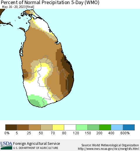 Sri Lanka Percent of Normal Precipitation 5-Day (WMO) Thematic Map For 5/16/2023 - 5/20/2023