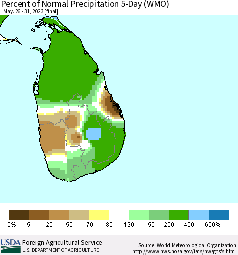 Sri Lanka Percent of Normal Precipitation 5-Day (WMO) Thematic Map For 5/26/2023 - 5/31/2023