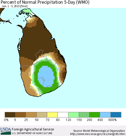 Sri Lanka Percent of Normal Precipitation 5-Day (WMO) Thematic Map For 6/1/2023 - 6/5/2023