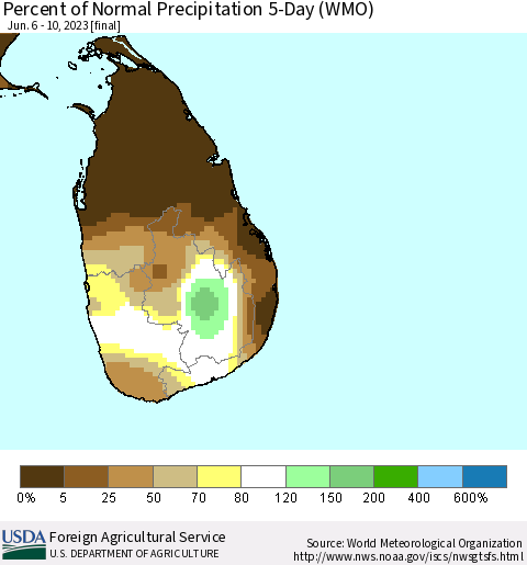 Sri Lanka Percent of Normal Precipitation 5-Day (WMO) Thematic Map For 6/6/2023 - 6/10/2023