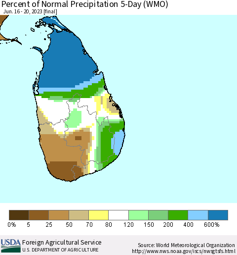 Sri Lanka Percent of Normal Precipitation 5-Day (WMO) Thematic Map For 6/16/2023 - 6/20/2023