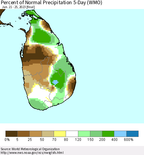 Sri Lanka Percent of Normal Precipitation 5-Day (WMO) Thematic Map For 6/21/2023 - 6/25/2023