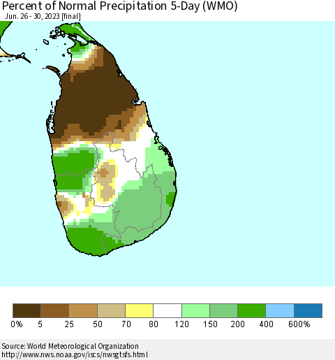 Sri Lanka Percent of Normal Precipitation 5-Day (WMO) Thematic Map For 6/26/2023 - 6/30/2023