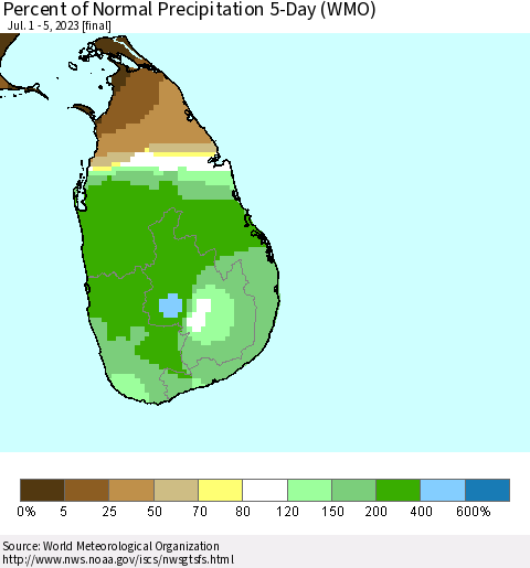 Sri Lanka Percent of Normal Precipitation 5-Day (WMO) Thematic Map For 7/1/2023 - 7/5/2023