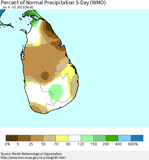 Sri Lanka Percent of Normal Precipitation 5-Day (WMO) Thematic Map For 7/6/2023 - 7/10/2023