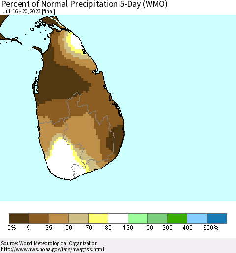 Sri Lanka Percent of Normal Precipitation 5-Day (WMO) Thematic Map For 7/16/2023 - 7/20/2023