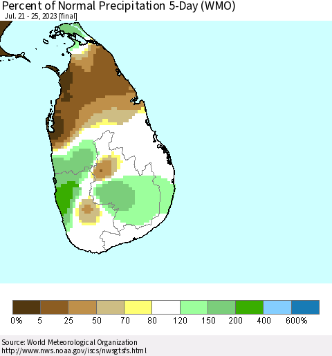 Sri Lanka Percent of Normal Precipitation 5-Day (WMO) Thematic Map For 7/21/2023 - 7/25/2023