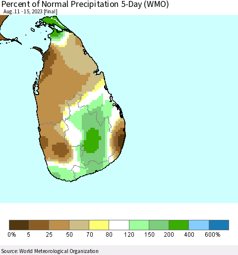 Sri Lanka Percent of Normal Precipitation 5-Day (WMO) Thematic Map For 8/11/2023 - 8/15/2023