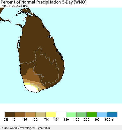 Sri Lanka Percent of Normal Precipitation 5-Day (WMO) Thematic Map For 8/16/2023 - 8/20/2023