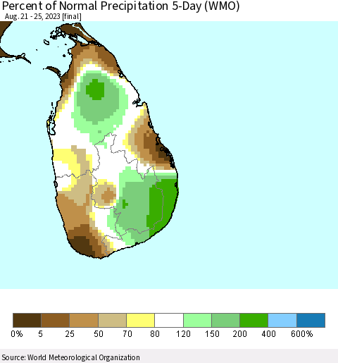 Sri Lanka Percent of Normal Precipitation 5-Day (WMO) Thematic Map For 8/21/2023 - 8/25/2023