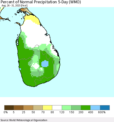 Sri Lanka Percent of Normal Precipitation 5-Day (WMO) Thematic Map For 8/26/2023 - 8/31/2023