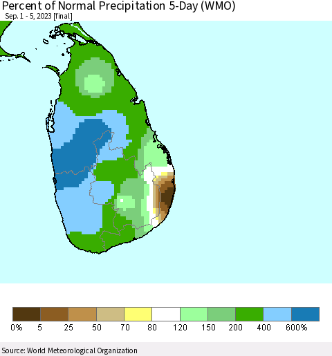 Sri Lanka Percent of Normal Precipitation 5-Day (WMO) Thematic Map For 9/1/2023 - 9/5/2023