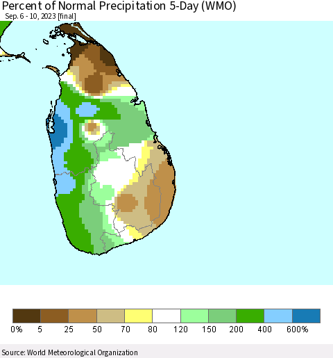 Sri Lanka Percent of Normal Precipitation 5-Day (WMO) Thematic Map For 9/6/2023 - 9/10/2023
