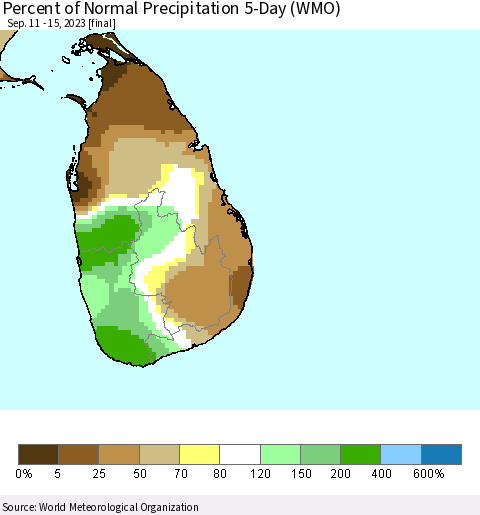 Sri Lanka Percent of Normal Precipitation 5-Day (WMO) Thematic Map For 9/11/2023 - 9/15/2023