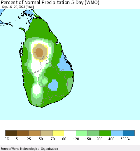 Sri Lanka Percent of Normal Precipitation 5-Day (WMO) Thematic Map For 9/16/2023 - 9/20/2023