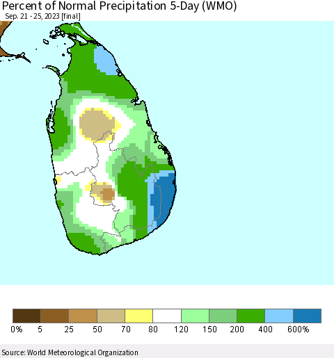 Sri Lanka Percent of Normal Precipitation 5-Day (WMO) Thematic Map For 9/21/2023 - 9/25/2023