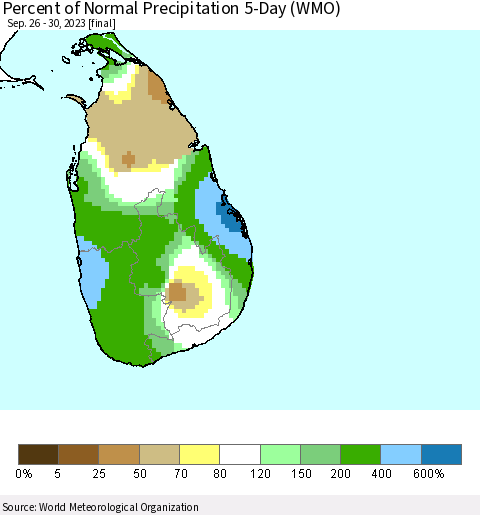 Sri Lanka Percent of Normal Precipitation 5-Day (WMO) Thematic Map For 9/26/2023 - 9/30/2023
