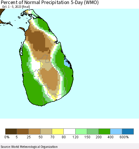 Sri Lanka Percent of Normal Precipitation 5-Day (WMO) Thematic Map For 10/1/2023 - 10/5/2023