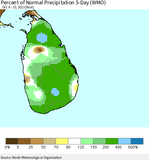 Sri Lanka Percent of Normal Precipitation 5-Day (WMO) Thematic Map For 10/6/2023 - 10/10/2023