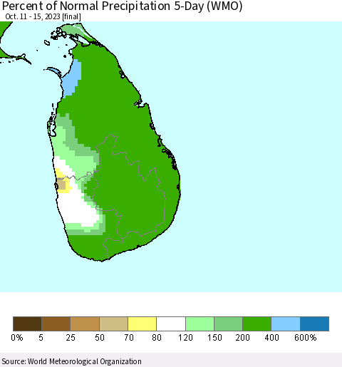 Sri Lanka Percent of Normal Precipitation 5-Day (WMO) Thematic Map For 10/11/2023 - 10/15/2023