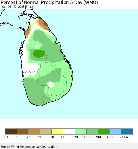 Sri Lanka Percent of Normal Precipitation 5-Day (WMO) Thematic Map For 10/16/2023 - 10/20/2023