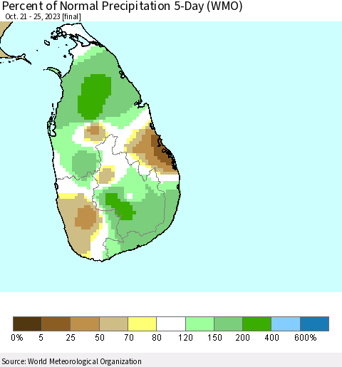 Sri Lanka Percent of Normal Precipitation 5-Day (WMO) Thematic Map For 10/21/2023 - 10/25/2023