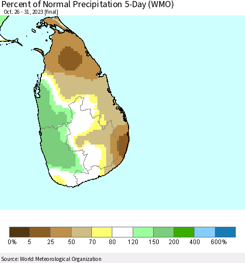 Sri Lanka Percent of Normal Precipitation 5-Day (WMO) Thematic Map For 10/26/2023 - 10/31/2023