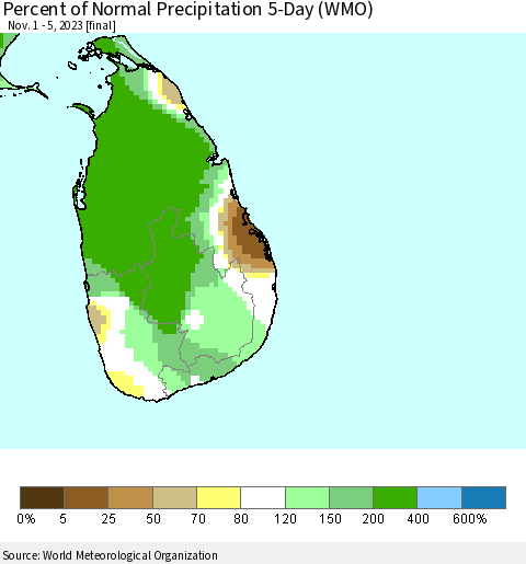 Sri Lanka Percent of Normal Precipitation 5-Day (WMO) Thematic Map For 11/1/2023 - 11/5/2023