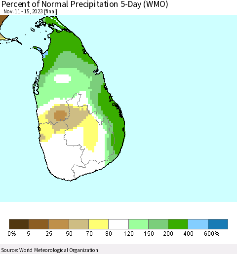 Sri Lanka Percent of Normal Precipitation 5-Day (WMO) Thematic Map For 11/11/2023 - 11/15/2023