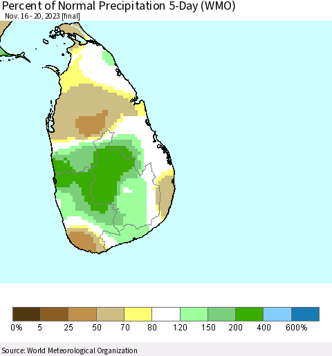 Sri Lanka Percent of Normal Precipitation 5-Day (WMO) Thematic Map For 11/16/2023 - 11/20/2023