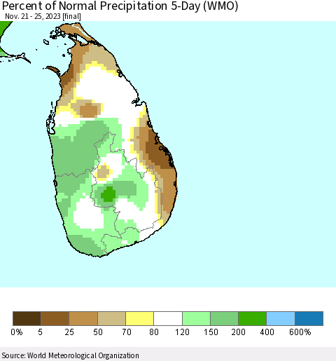 Sri Lanka Percent of Normal Precipitation 5-Day (WMO) Thematic Map For 11/21/2023 - 11/25/2023