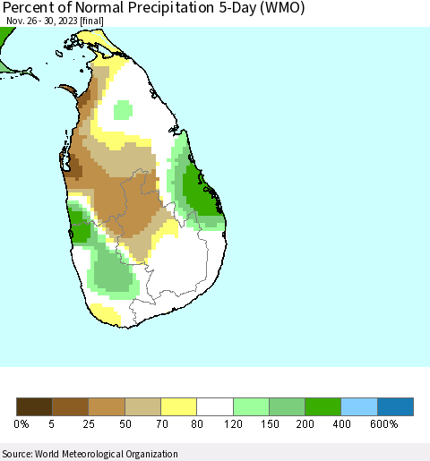 Sri Lanka Percent of Normal Precipitation 5-Day (WMO) Thematic Map For 11/26/2023 - 11/30/2023