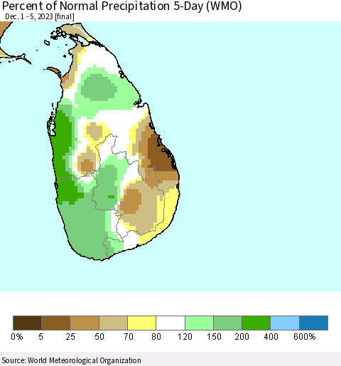 Sri Lanka Percent of Normal Precipitation 5-Day (WMO) Thematic Map For 12/1/2023 - 12/5/2023