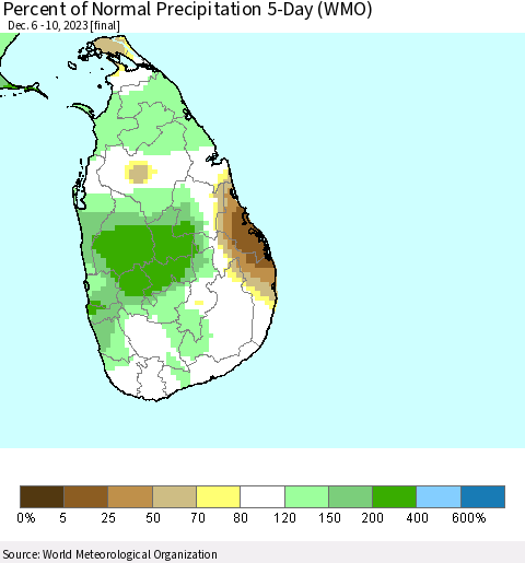 Sri Lanka Percent of Normal Precipitation 5-Day (WMO) Thematic Map For 12/6/2023 - 12/10/2023