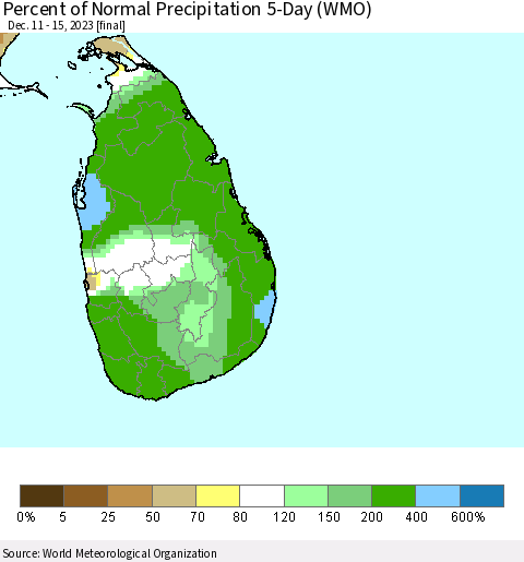 Sri Lanka Percent of Normal Precipitation 5-Day (WMO) Thematic Map For 12/11/2023 - 12/15/2023