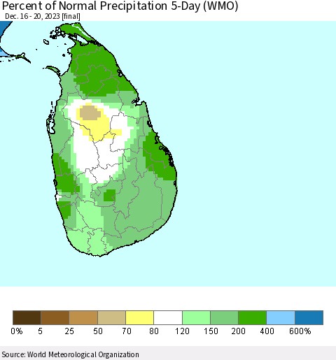 Sri Lanka Percent of Normal Precipitation 5-Day (WMO) Thematic Map For 12/16/2023 - 12/20/2023
